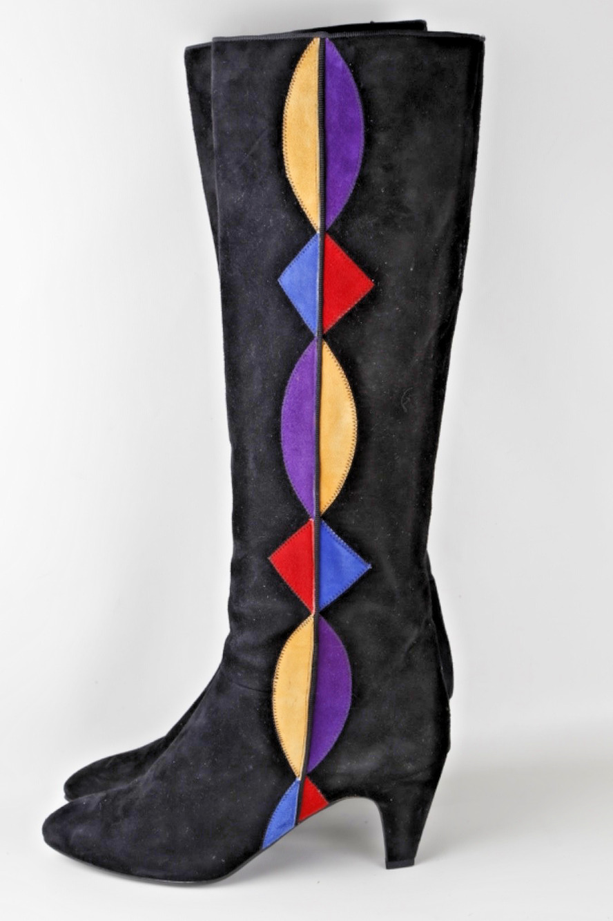 Vintage Nina 80s Colorblock Suede Knee High Boots Geometric Cone Heel Black 9 M